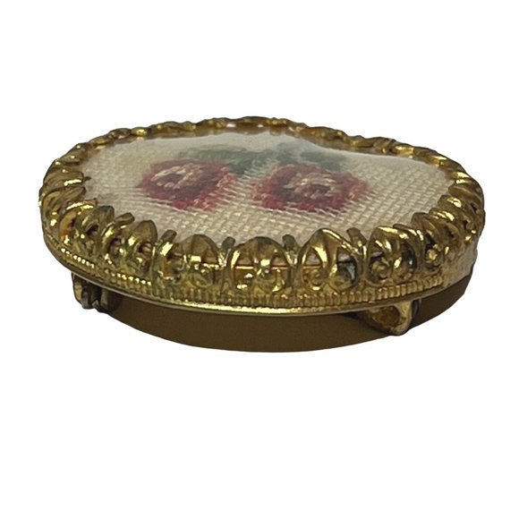 Vintage Petit Point Floral Brooch Round Gold-Tone Pink & White - Picture 4 of 7